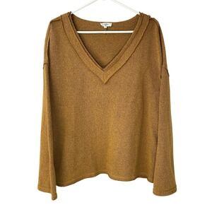 Entro Womens Mustard Yellow V-Neck Ribbed Knit Oversized Sweater LARGE Relaxed